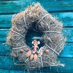 High angle view of toys on fishing net