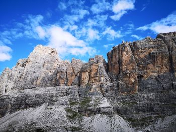 Low angle view of rocks against cloudy sky