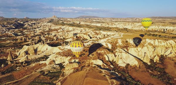 Aerial view of hot air balloon against sky