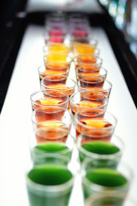 High angle view of candies in glass on table