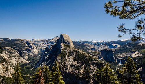 Scenic view of mountains against clear blue sky