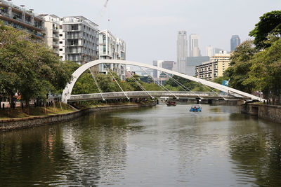 Bridge over river by buildings in city against sky