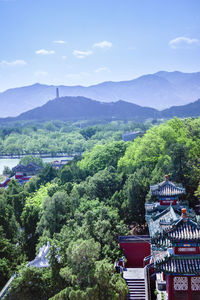 High angle view of trees and buildings against sky