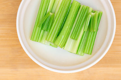 High angle view of vegetables in bowl on table