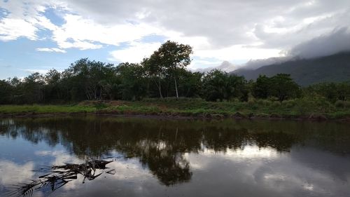 Reflection of trees in lake against sky