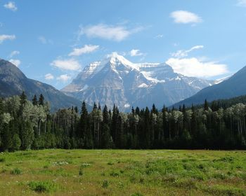 Scenic view of landscape by mountain against sky