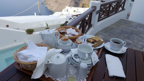 High angle view of breakfast on table