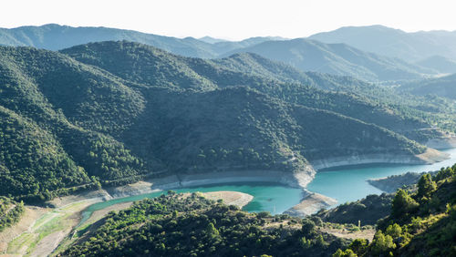 High angle view of trees and mountains