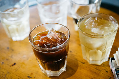 High angle view of ice tea on table