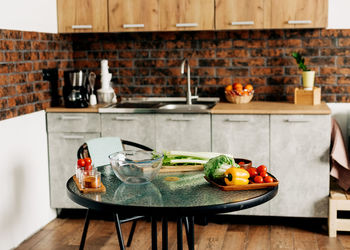 Fresh vegetables on the kitchen table for healthy food preparation