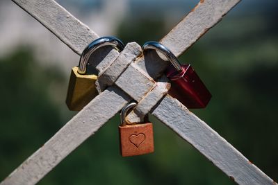 Close-up of padlocks on railing