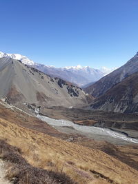 Scenic view of snowcapped mountains against clear blue sky