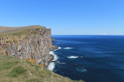 Scenic view of sea against clear blue sky