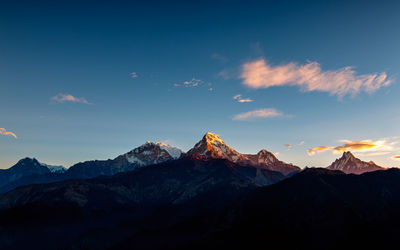 Scenic view of snowcapped mountains against sky during sunset