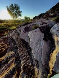 Rock formations on landscape against clear sky