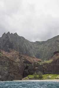 Scenic view of mountains and sea against sky