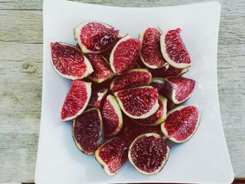 High angle view of strawberries on table