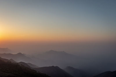 Scenic view of silhouette mountains against sky during sunset