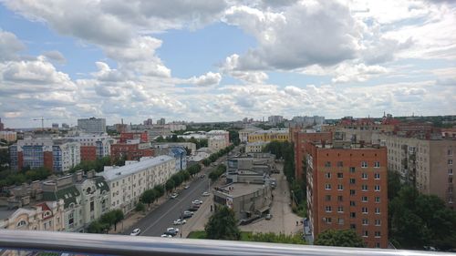 High angle view of buildings against sky