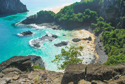 High angle view of rocks on shore