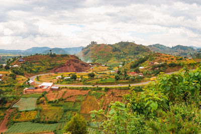 Scenic view of african landscape with mountains valleys and houses in kisoro, uganda