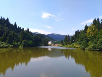 Scenic view of lake by trees against sky