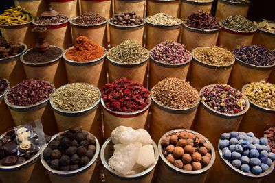 High angle view of various food for sale at market stall