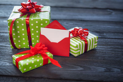 Close-up of birthday present on wooden table