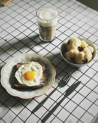 High angle view of breakfast served on table