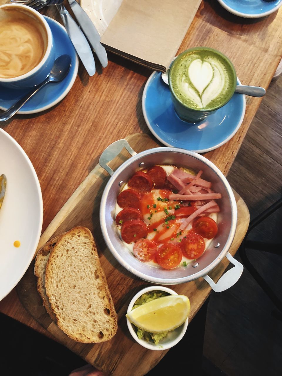 HIGH ANGLE VIEW OF BREAKFAST SERVED WITH COFFEE ON TABLE