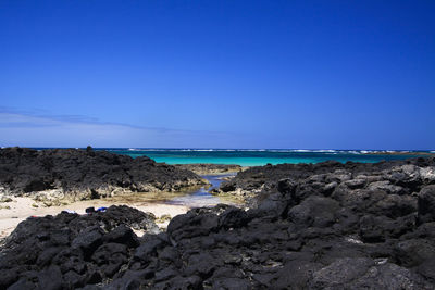 Rocks on beach against clear blue sky