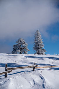 Snow covered landscape against sky