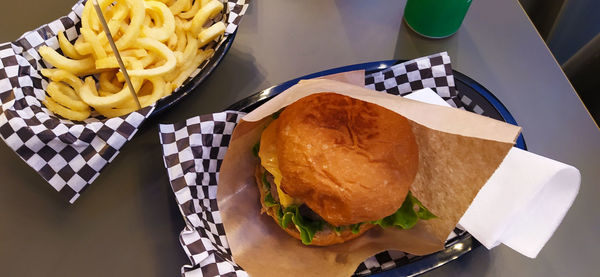 High angle view of food served on table