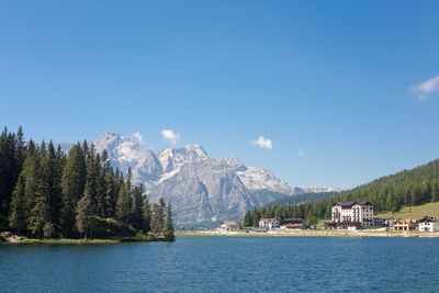 Scenic view of lake by trees against sky