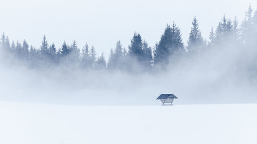 Snow covered landscape against clear sky