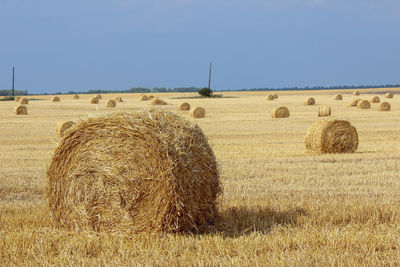 Hay bales on field against sky