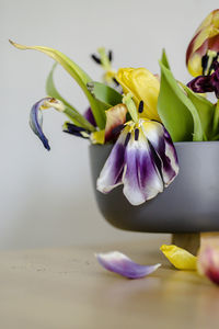 Close-up of purple flower vase on table