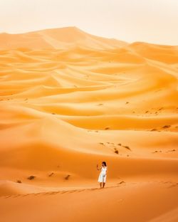 Rear view of man walking on sand dune in desert