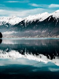Scenic view of lake and snowcapped mountains against sky