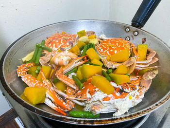 High angle view of food in the cooking pan