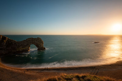 Scenic view of sea against clear sky during sunset