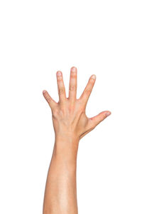 Close-up of human hand over white background