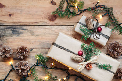 High angle view of christmas presents on table