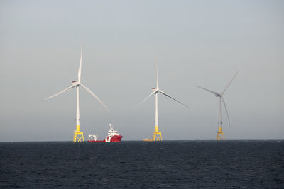 Windmills by sea against clear sky