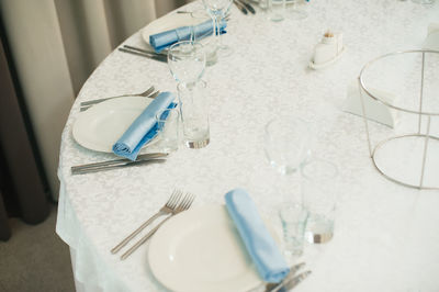 High angle view of glasses on table