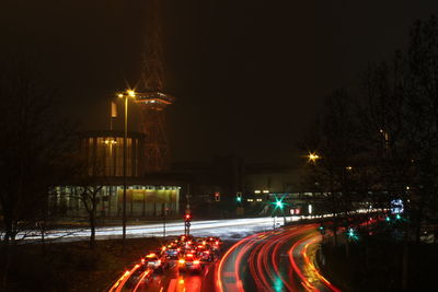 Light trails on road at night