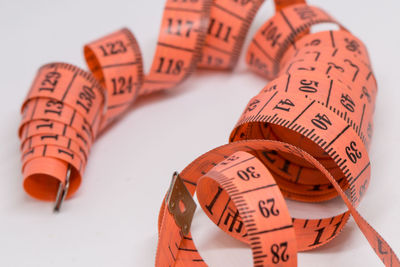 Close-up of tape measure over white background