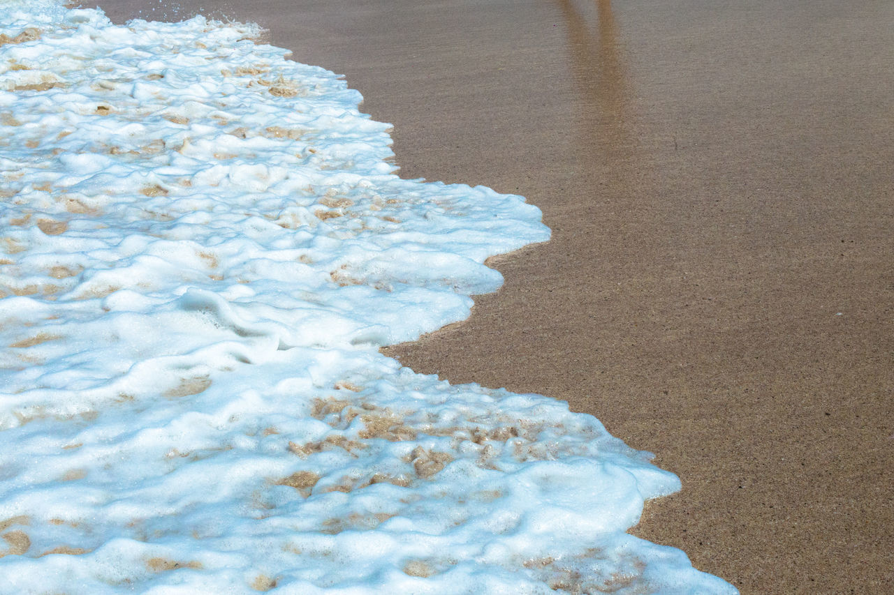 land, sand, beach, water, sea, nature, beauty in nature, no people, day, high angle view, water sports, outdoors, tranquility, wave, white, ice, motion, scenics - nature