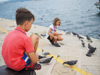 Boy looking at sister feeding pigeons on promenade