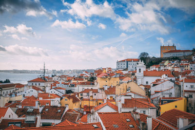 High angle view of houses in town against sky